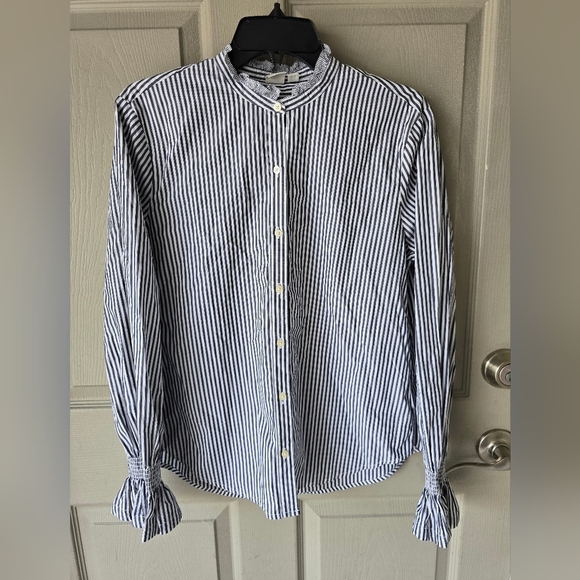Gap Shirt Women Sz M Striped Ruffle Collar Flare Long Sleeve  Cotton Button Up - Picture 4 of 12
